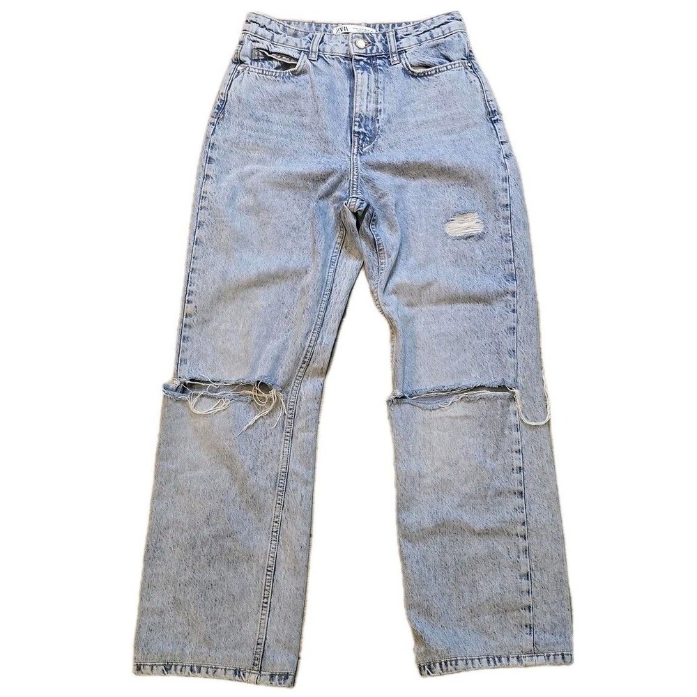 ZARA Light Blue Wide Leg Ripped Jeans High Rise Distressed Denim Size 4 / 26